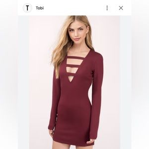 Tobi red mini dress long sleeves bodycon dress wine deep v